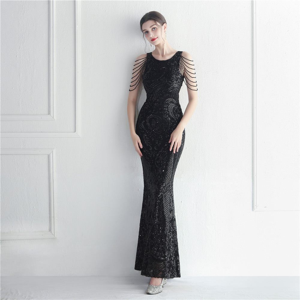 Women's Beaded Floral Sequin Star Wedding Prom Maxi Dress