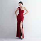 Women's Satin Slim Fit One-Shoulder Long Debutante Gala Dinner Slim Fit Dress