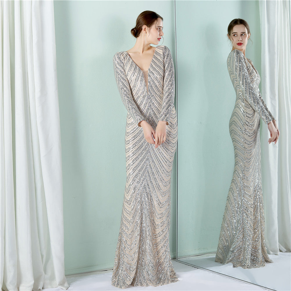 Women's Floral Sequin Evening Dress Banquet Elegant Long Sleeve Sequin Queen