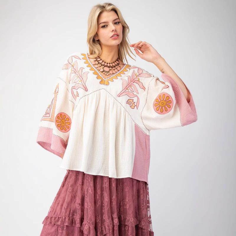 Women's V-Neck Color-Block Flare Sleeve Top