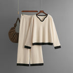 Autumn Winter Sunken Stripe Knitting V Collar Contrast Color Top Wide Leg Pants Two-Piece Set