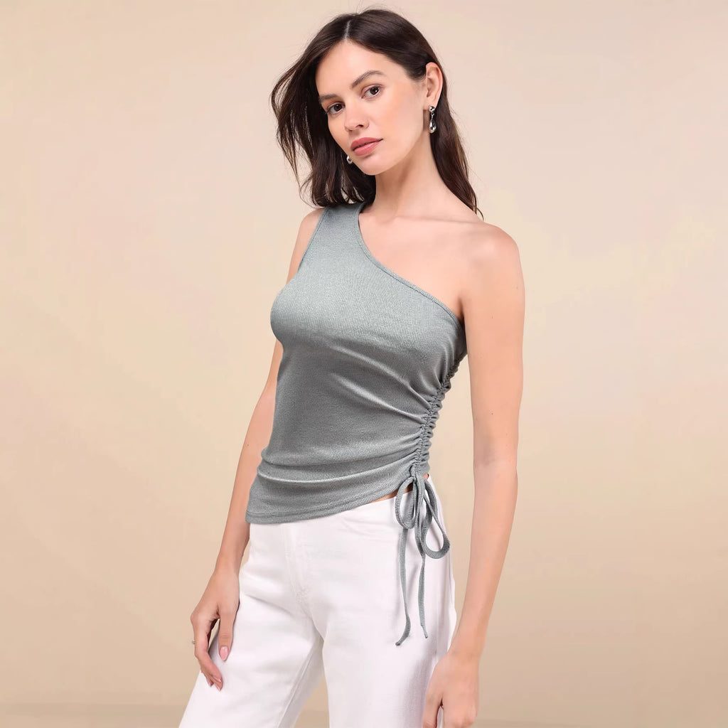 Women's Clothing Oblique Shoulder Drawstring Solid Color Sleeveless Fit