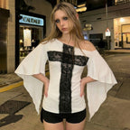 Women's Lace Cross Contrast Color Waist Slimming Dark T-Shirt