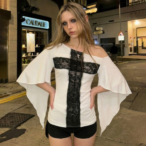 Retro Oblique Shoulder Irregular Asymmetric Batwing Sleeve Stitching Lace Cross Contrast Color Waist Slimming Dark T shirt Top for Women