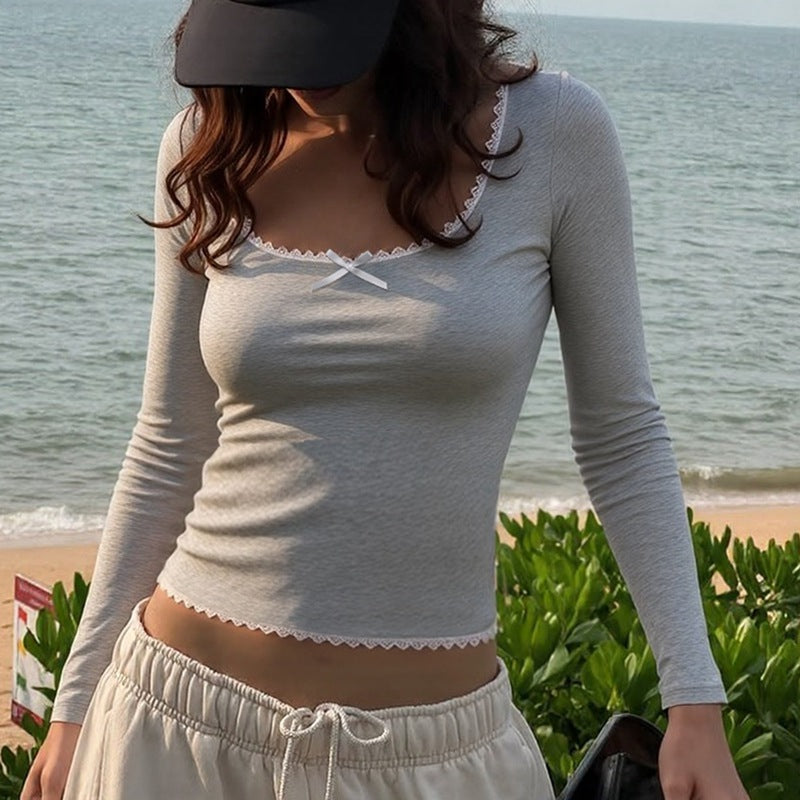 Autumn Square Collar Lace Edge Solid Color Long Sleeve Bottoming Shirt Top