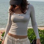 Autumn Square Collar Lace Edge Solid Color Long Sleeve Bottoming Shirt Top