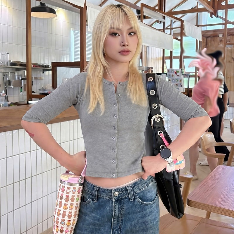 Women's Fitted Short-Sleeve Button Top