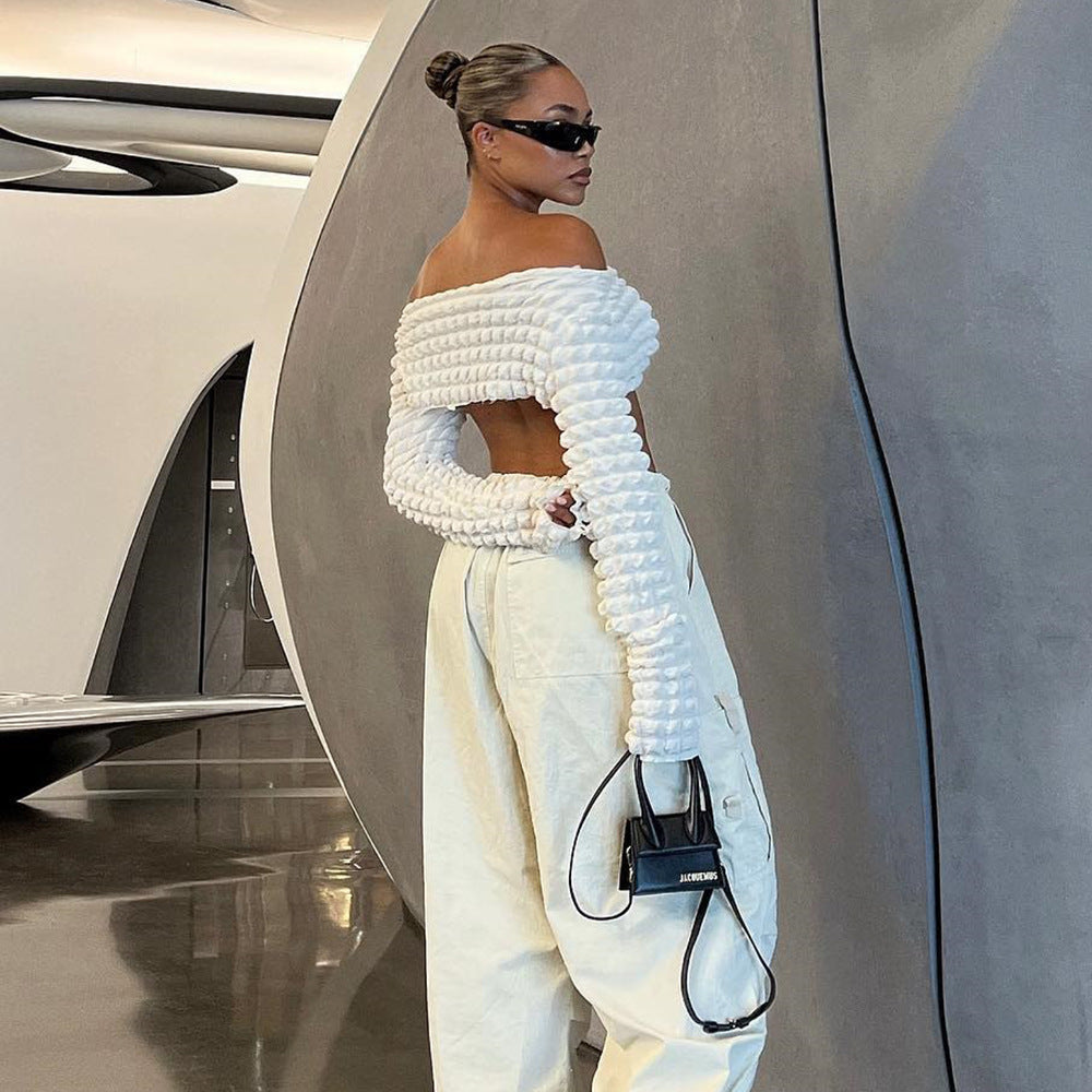 Women's Out Cutout Bubble Cropped Long Sleeve Off-Shoulder T-Shirt