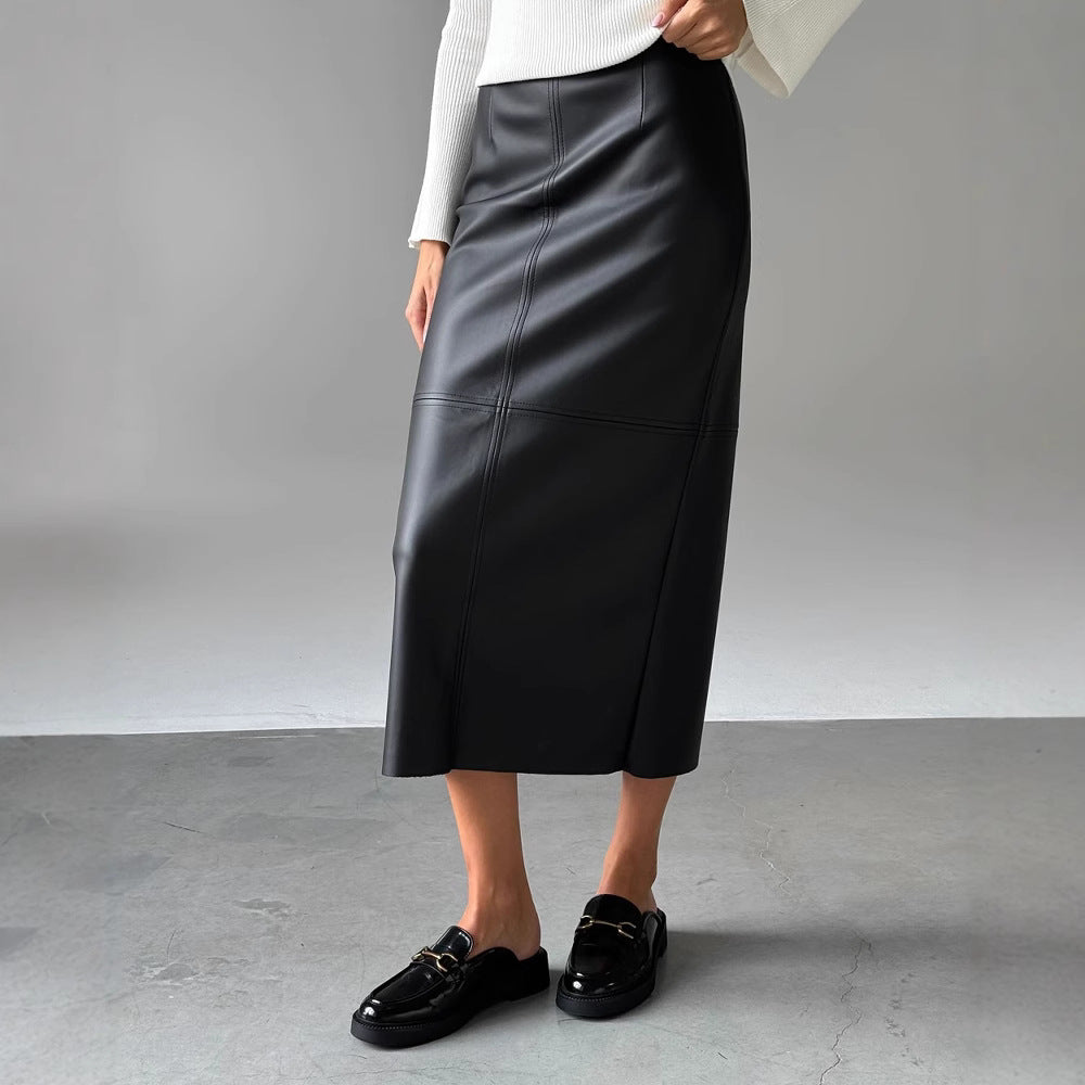 Winter High Waist Slit Faux Leather Mid Length Hip Skirt