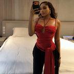 Women's Solid Color Women Pleated Thin Strap Halterneck Sleeveless Summer Backless Wrap Top