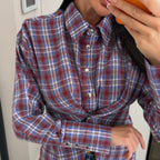 Retro Plaid Shirt Collared Long Sleeve Waist Tight All Matching