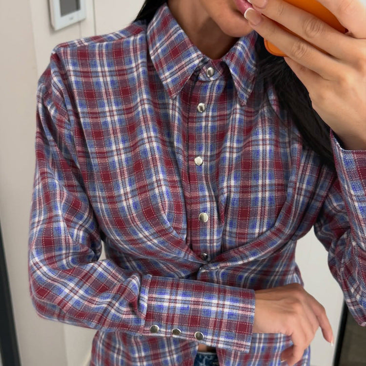 Retro Plaid Shirt Collared Long Sleeve Waist Tight All Matching