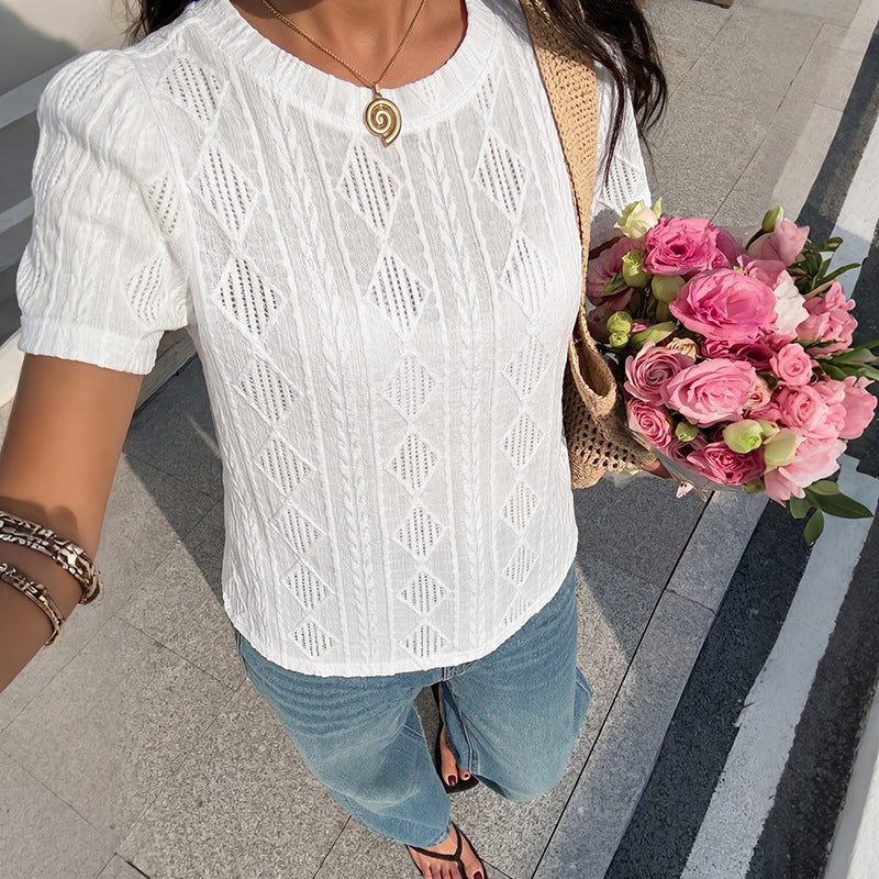 Women's Knitted Jacquard Top Summer Elegant Back Bow Hollow Out Cutout Short Sleeve T Shirt For Women
