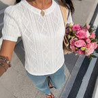 Women's Knitted Jacquard Top Summer Elegant Back Bow Hollow Out Cutout Short Sleeve T Shirt For Women