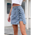High Waist Denim Summer Lace Up Split Skirt
