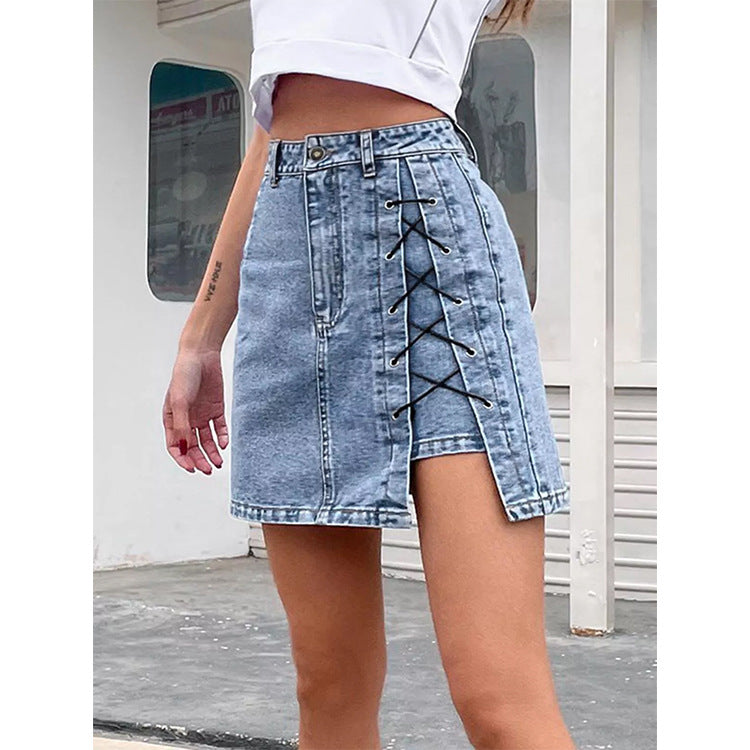 High Waist Denim Summer Lace Up Split Skirt