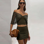 Spring Women Sexy off Neck Slim Top Solid Color Waist Tight