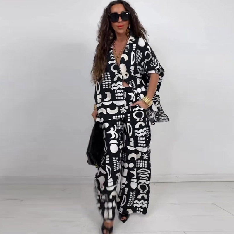 Printed Top & Wide-Leg Pants Two-Piece Set