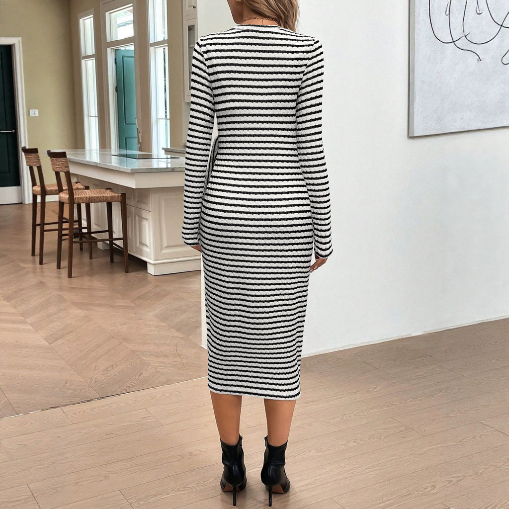 Women's Black & White Striped Bow-Tie Midi Dress