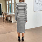 Women's Black & White Striped Bow-Tie Midi Dress