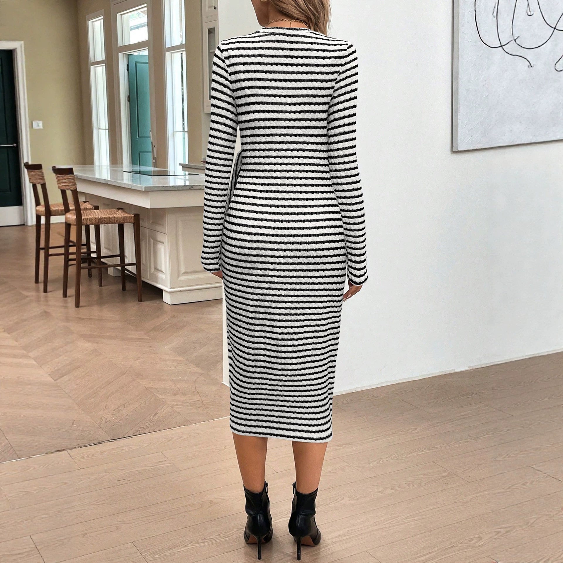 Women's Black & White Striped Bow-Tie Midi Dress