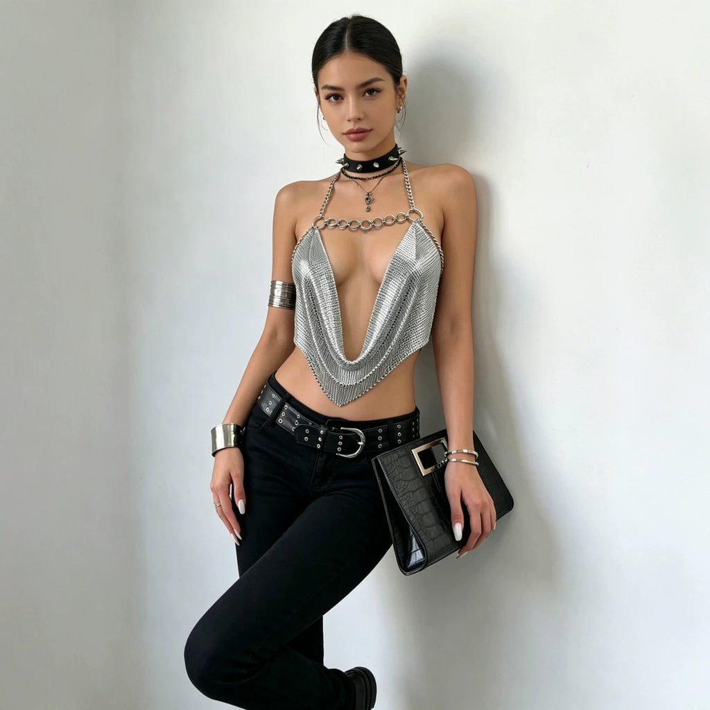 Women's Metal Chain Sequin Halter Crop Top