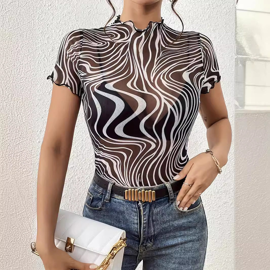 Floral Print Striped Mesh Short Sleeve Top