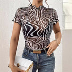 Floral Print Striped Mesh Short Sleeve Top