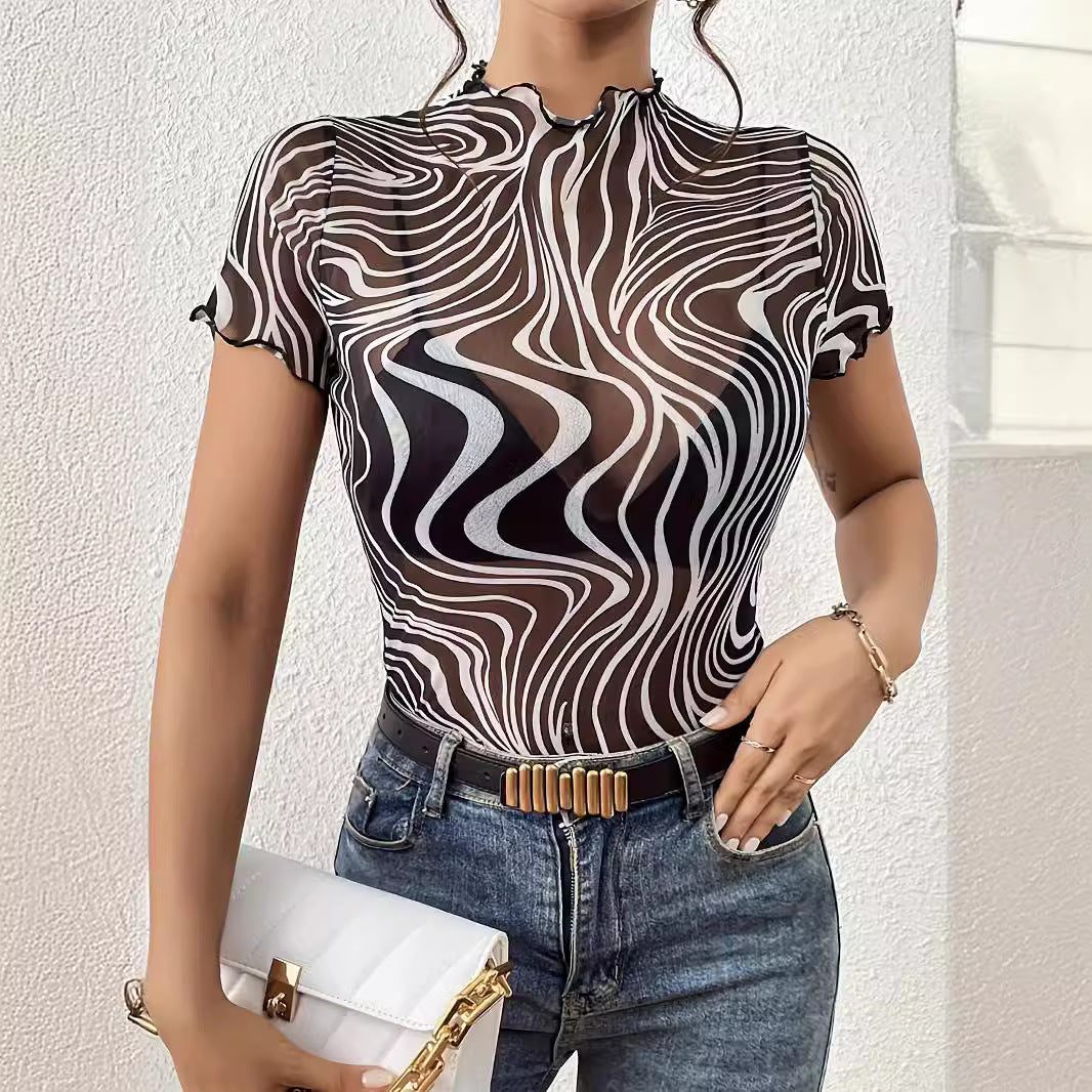 Floral Print Striped Mesh Short Sleeve Top
