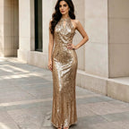 Women's Champagne Sequined V-Neck Fishtail Evening Sleeveless Slim Fit