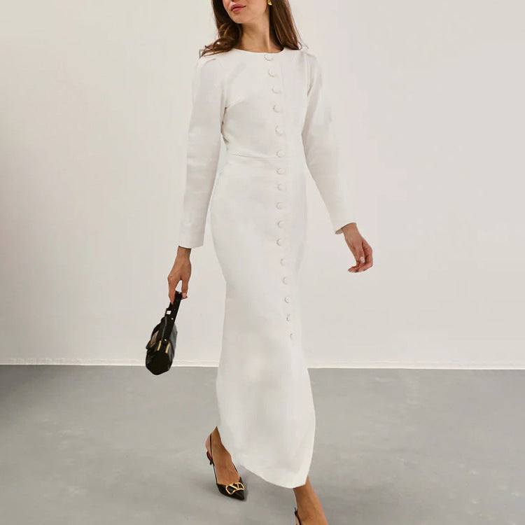 White Button Long Sleeve A-Line Maxi Dress