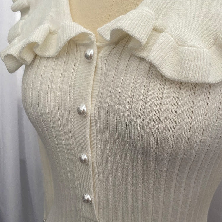 Peter-Pan-Collar Ruffle Button Long-Sleeve Knit Bodycon Maxi Dress