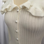 Peter-Pan-Collar Ruffle Button Long-Sleeve Knit Bodycon Maxi Dress