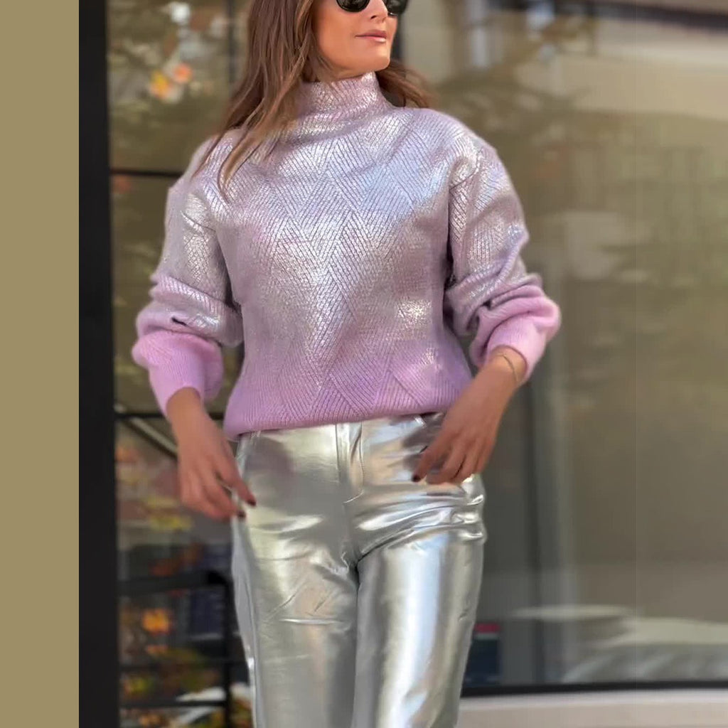 Autumn Turtleneck Gradient Silver Plaid Sweater Pullover Casual
