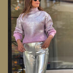 Autumn Turtleneck Gradient Silver Plaid Sweater Pullover Casual