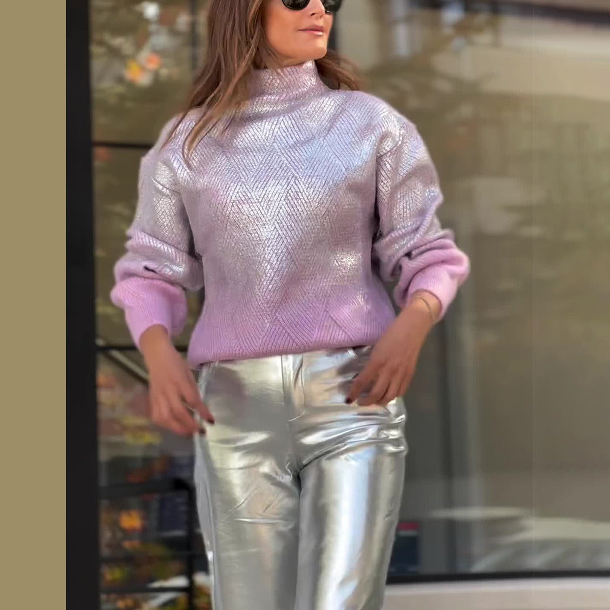Autumn Turtleneck Gradient Silver Plaid Sweater Pullover Casual