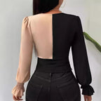 Women's Color Block Stitching Front Twist V Neck Top Elegant Long Sleeve Color Matching Shirt