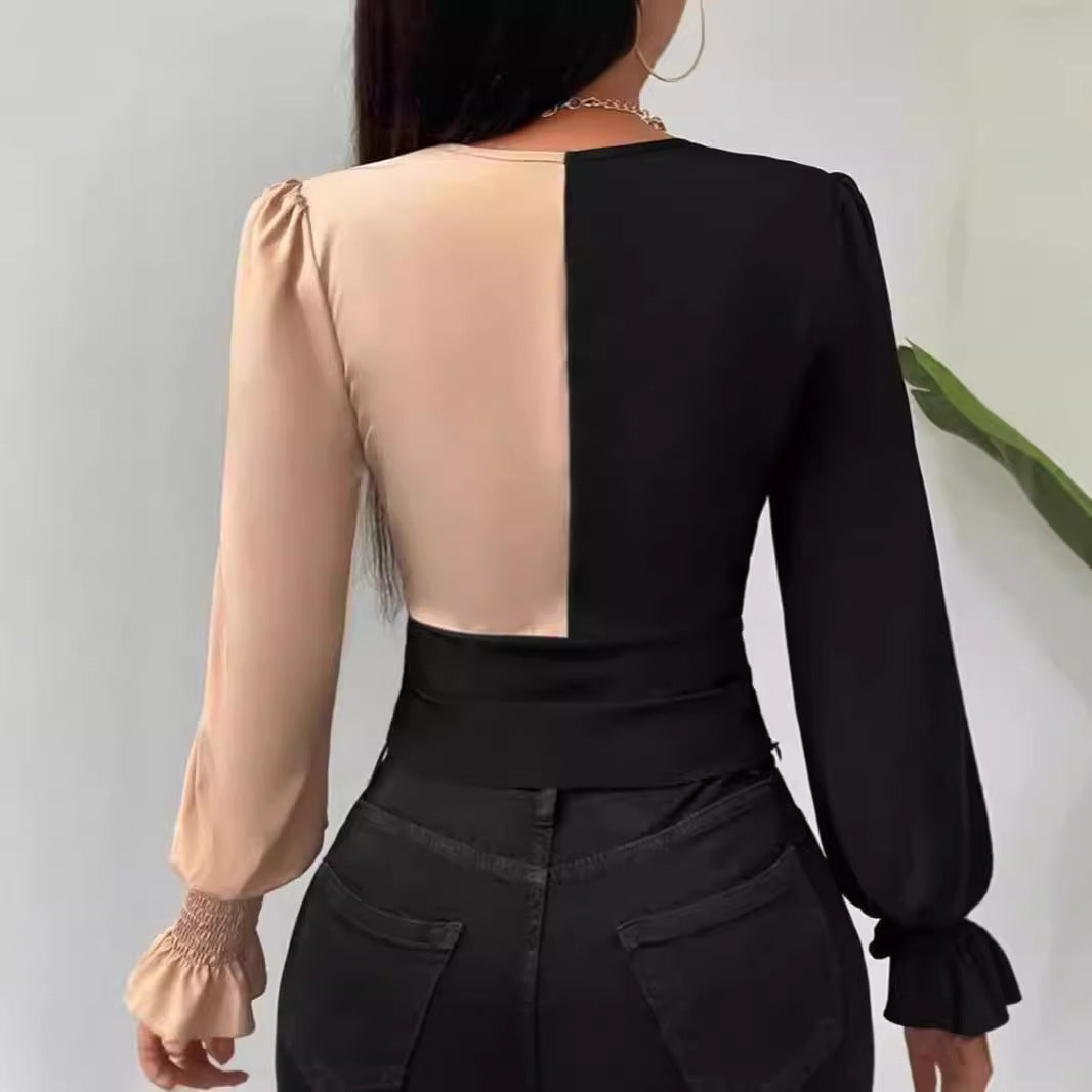 Women's Color Block Stitching Front Twist V Neck Top Elegant Long Sleeve Color Matching Shirt
