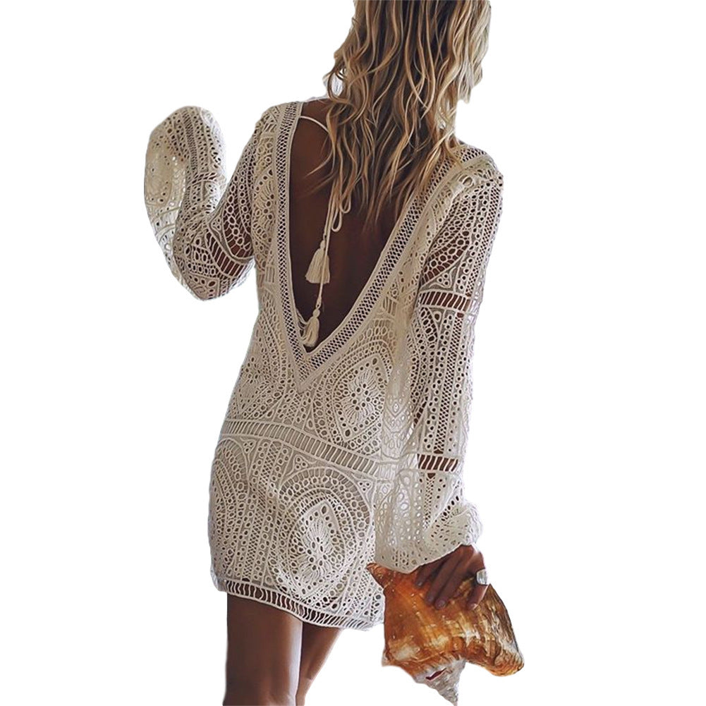 Lace V-Neck Long Sleeve Beach Mini Dress