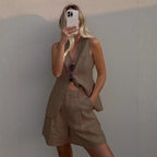 Cotton Linen Vest Shorts Set Summer Office Vest Shorts Set Casual Women