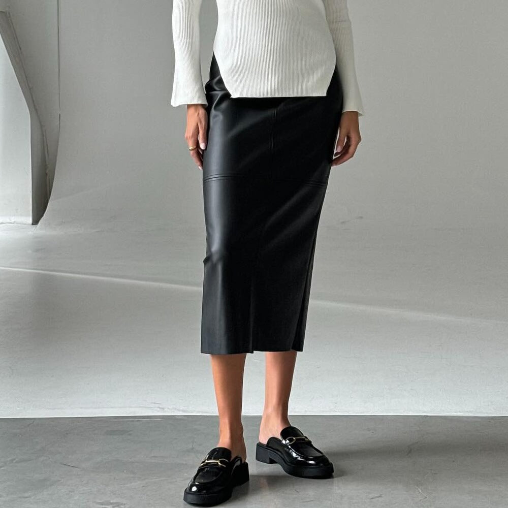 Winter High Waist Slit Faux Leather Mid Length Hip Skirt