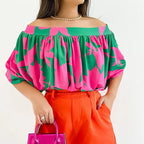 Women's Summer Women Off Shoulder Off Neck Loose Top Batwing Sleeve Short Sleeve Top