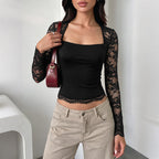 Women's Sexy Wind Black Lace Square Collar Long Sleeve Short Top Women