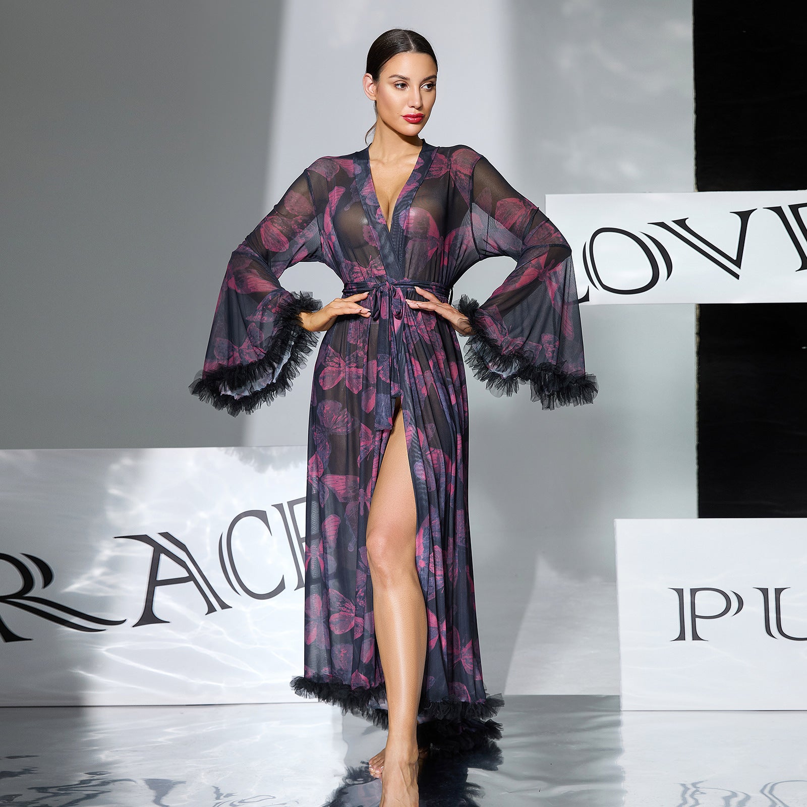 Women's Butterfly Print Mesh Robe