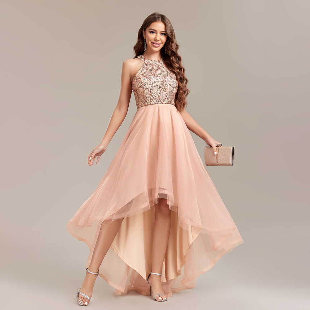 Women's Halter Sequin Lace Asymmetric Sleeveless A-Line High-Low Dress