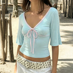Women's V-Neck Tie Half-Sleeve Cropped Top
