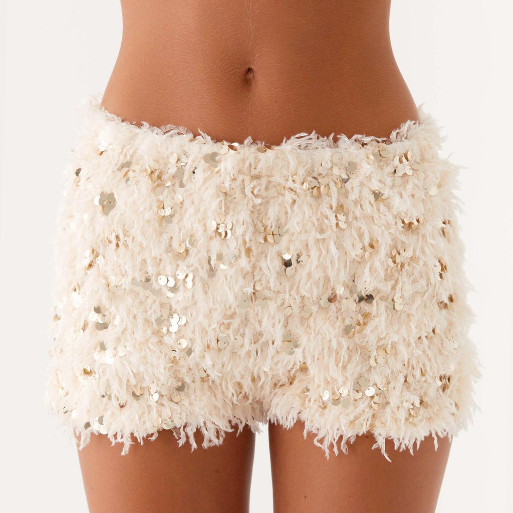 Summer Women Solid Color Slim Fit Furry Sequ Sequ Sexy Low