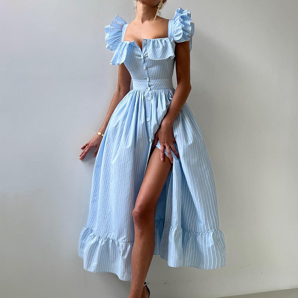 Striped Dress Summer Button Cardigan Waist Slim Fit Maxi Flying