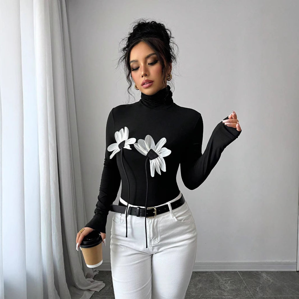 Women's Black Turtleneck Floral Applique Long Sleeved Fitted T-Shirt