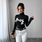 Women's Black Turtleneck Floral Applique Long Sleeved Fitted T-Shirt